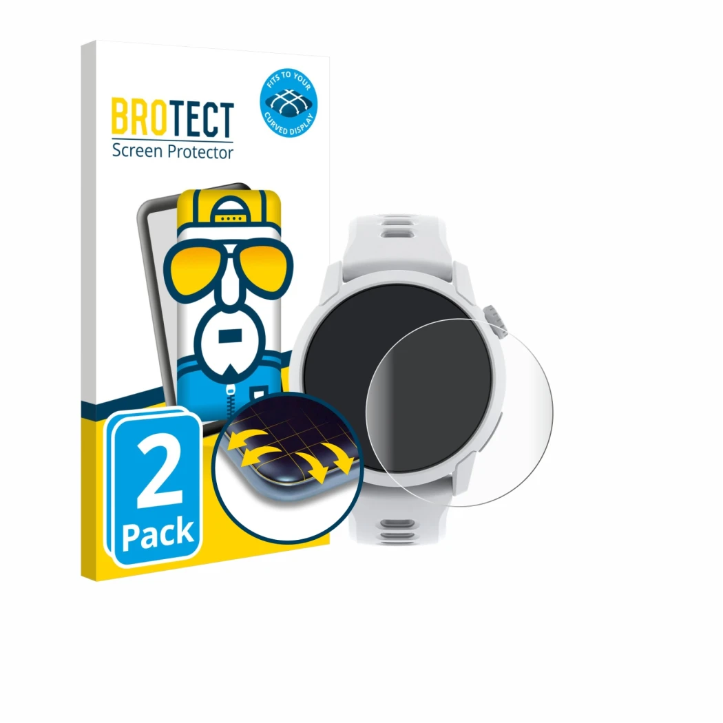Front side of a product packaging with the brand logo BROTECT. Next to it is the device Coros Pace 4 shown with the correspond