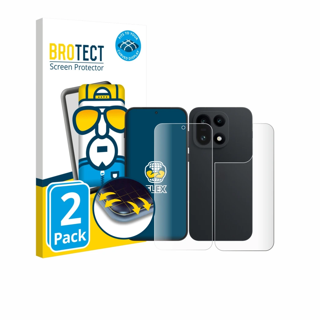 Front side of a product packaging with the brand logo BROTECT. Next to it is the device OnePlus 15 (Front+Back) shown with the