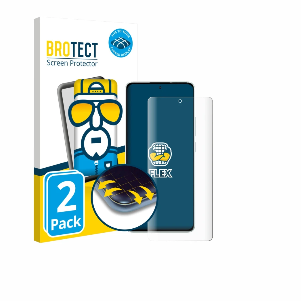 Front side of a product packaging with the brand logo BROTECT. Next to it is the device Xiaomi Redmi Note 14 5G shown with the