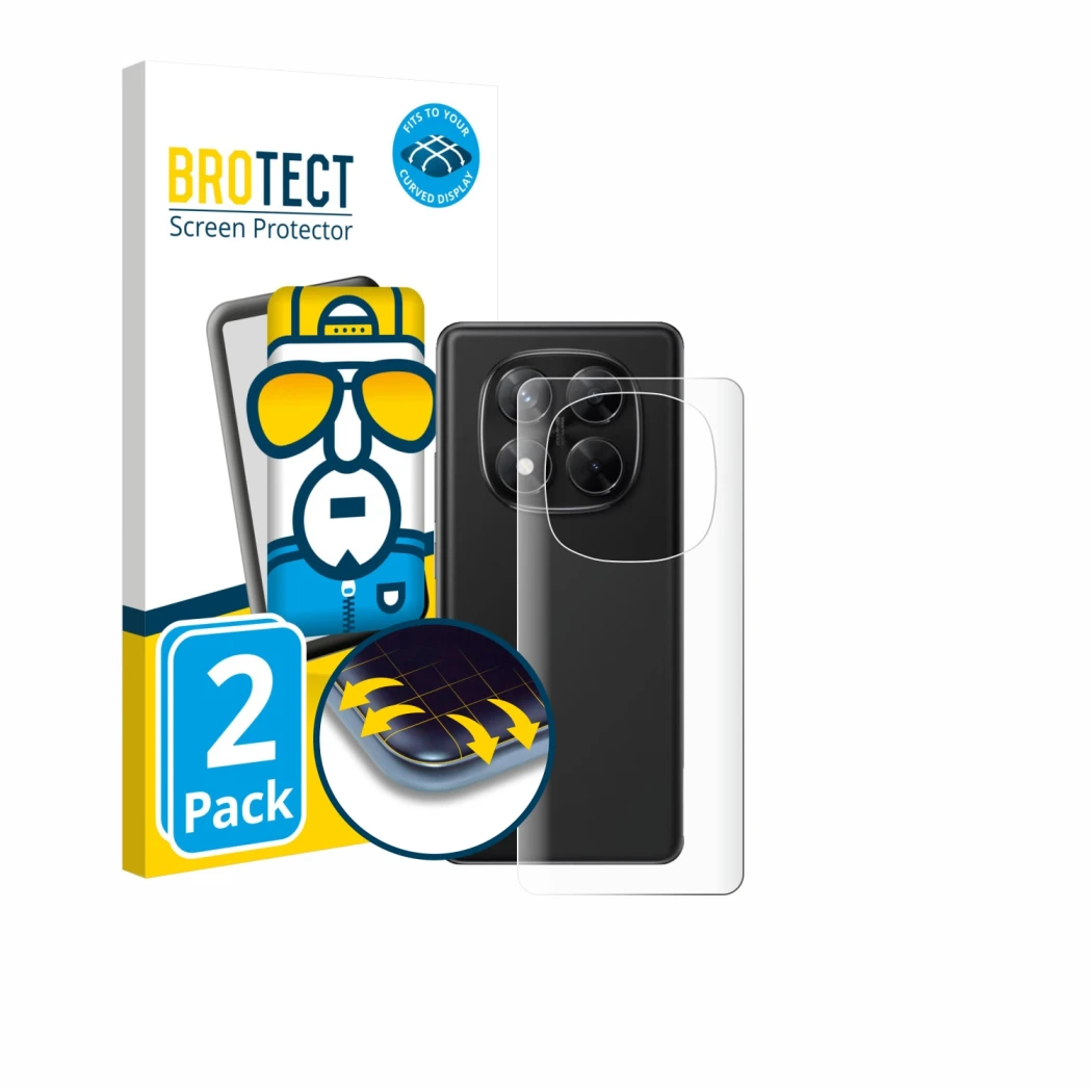 Front side of a product packaging with the brand logo BROTECT. Next to it is the device Xiaomi Redmi Note 14 Pro 4G (Back) sho