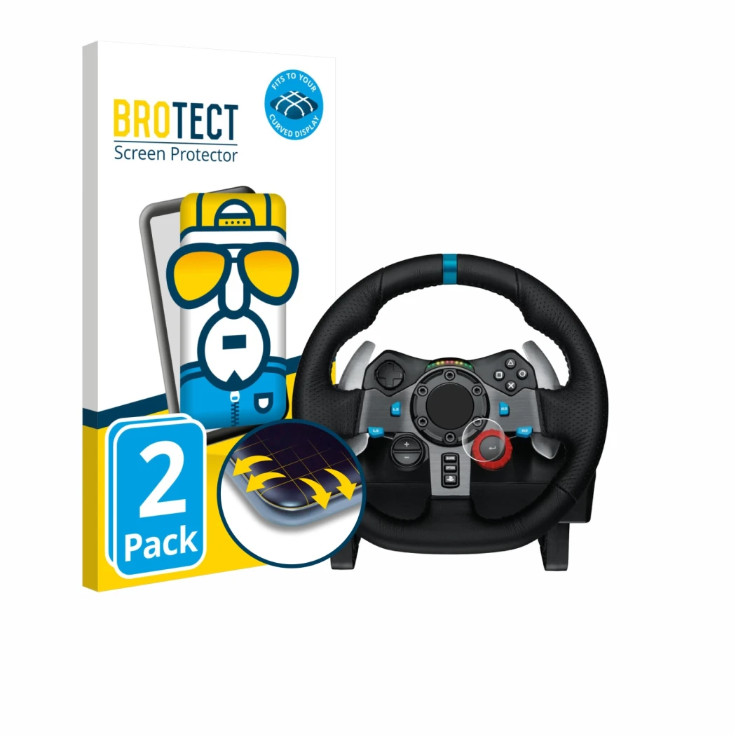 Front side of a product packaging with the brand logo BROTECT. Next to it is the device Logitech G29 Driving Force Gaming Raci
