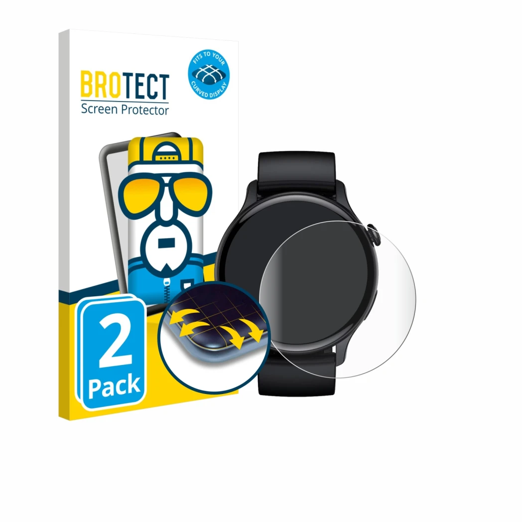 Front side of a product packaging with the brand logo BROTECT. Next to it is the device EKO Connected Watch 5.2 shown with the