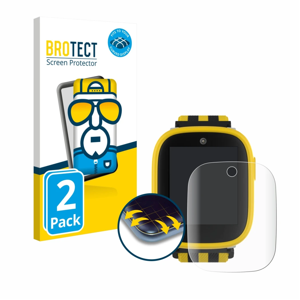 Front side of a product packaging with the brand logo BROTECT. Next to it is the device Xplora X6 Play BVB-Edition shown with