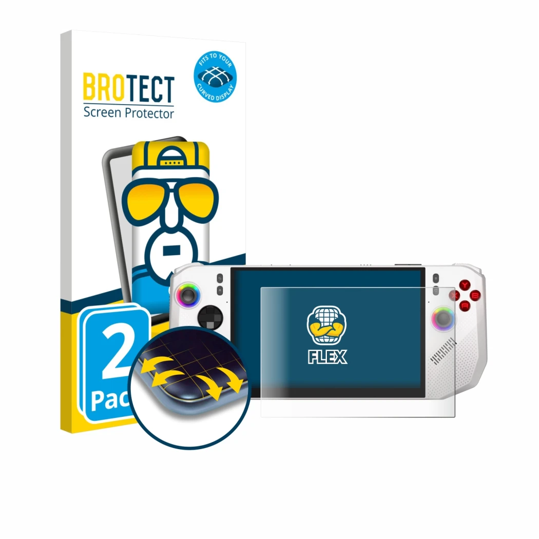 Front side of a product packaging with the brand logo BROTECT. Next to it is the device MSI Claw A8 BZ2EM shown with the corre