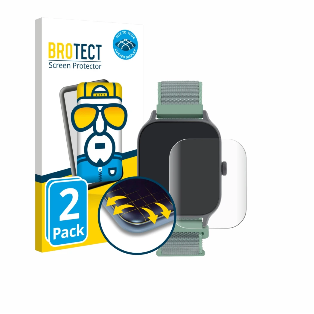 Front side of a product packaging with the brand logo BROTECT. Next to it is the device Decathlon Fit 100s shown with the corr