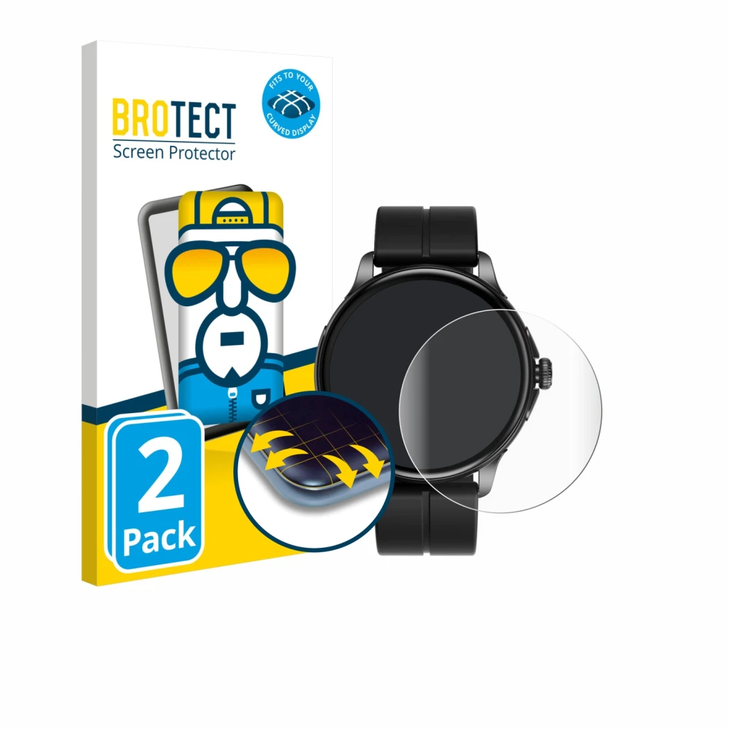 Front side of a product packaging with the brand logo BROTECT. Next to it is the device HMD Watch X1 shown with the correspond