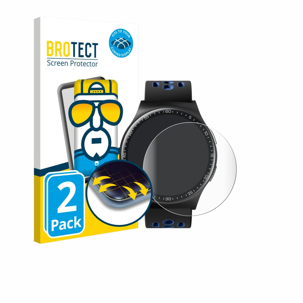 Front side of a product packaging with the brand logo BROTECT. Next to it is the device Reebok Pulse Smartwatch shown with the