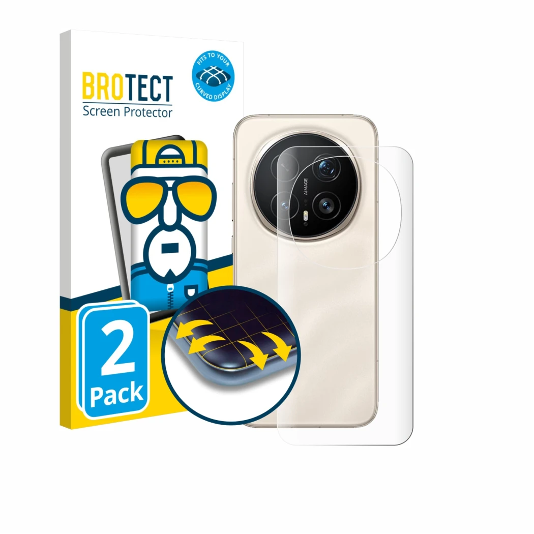 Front side of a product packaging with the brand logo BROTECT. Next to it is the device Honor Magic 8 Pro (Back) shown with th