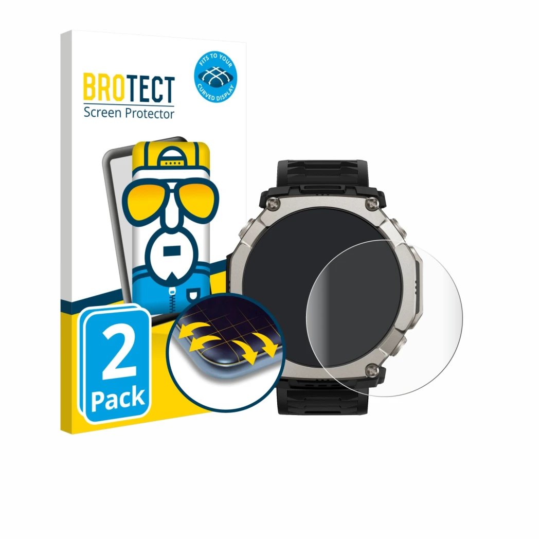 Front side of a product packaging with the brand logo BROTECT. Next to it is the device Huami Amazfit T-Rex Ultra 2 shown with