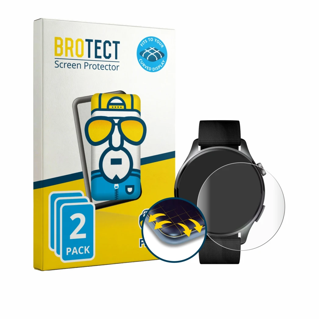 Front side of a product packaging with the brand logo BROTECT. Next to it is the device Xiaomi Watch 5 (47 mm) shown with the 