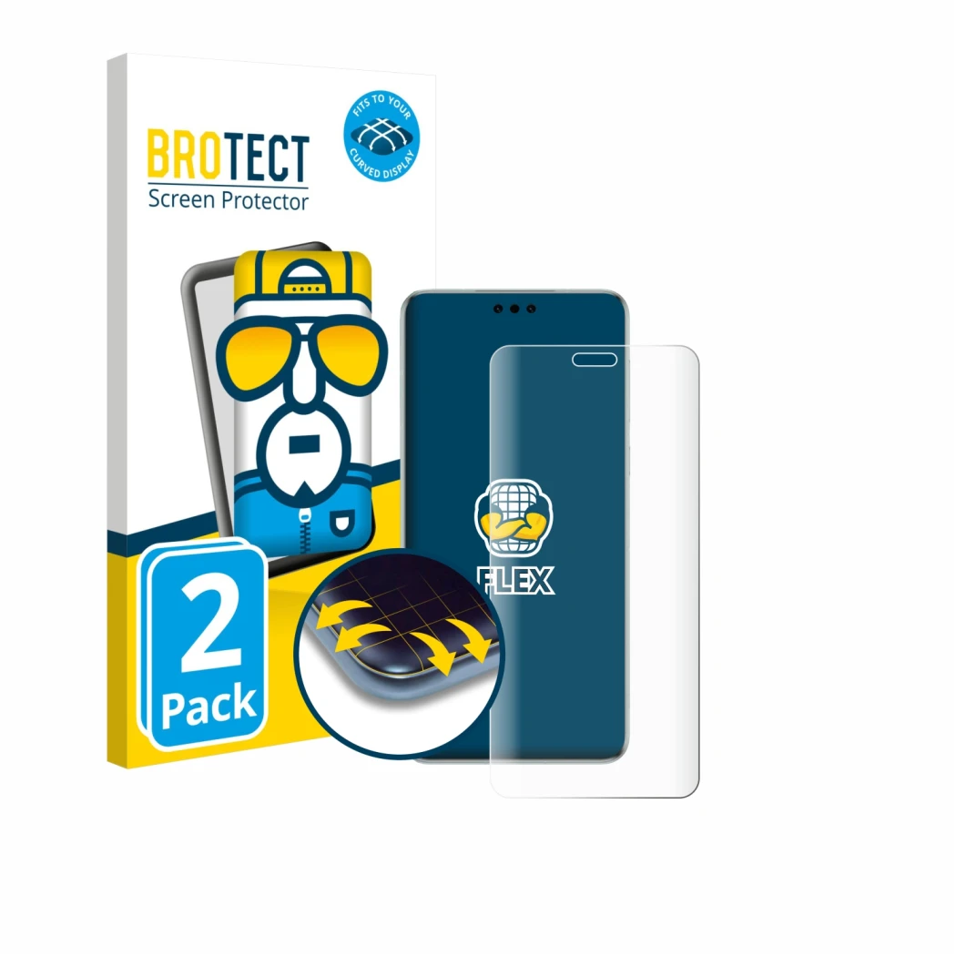 Front side of a product packaging with the brand logo BROTECT. Next to it is the device Huawei Mate 60 Pro shown with the corr