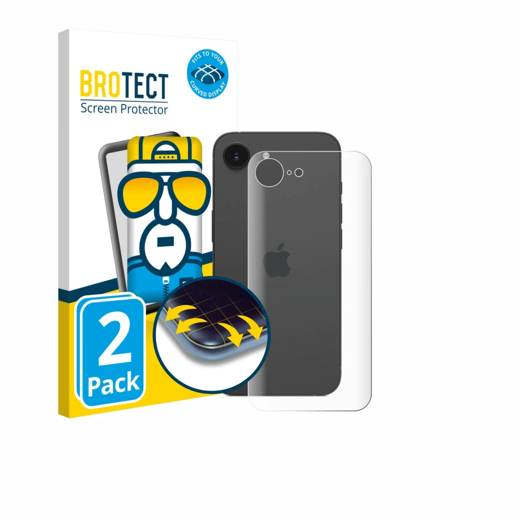 Front side of a product packaging with the brand logo BROTECT. Next to it is the device Apple iPhone 17e (Back) shown with the