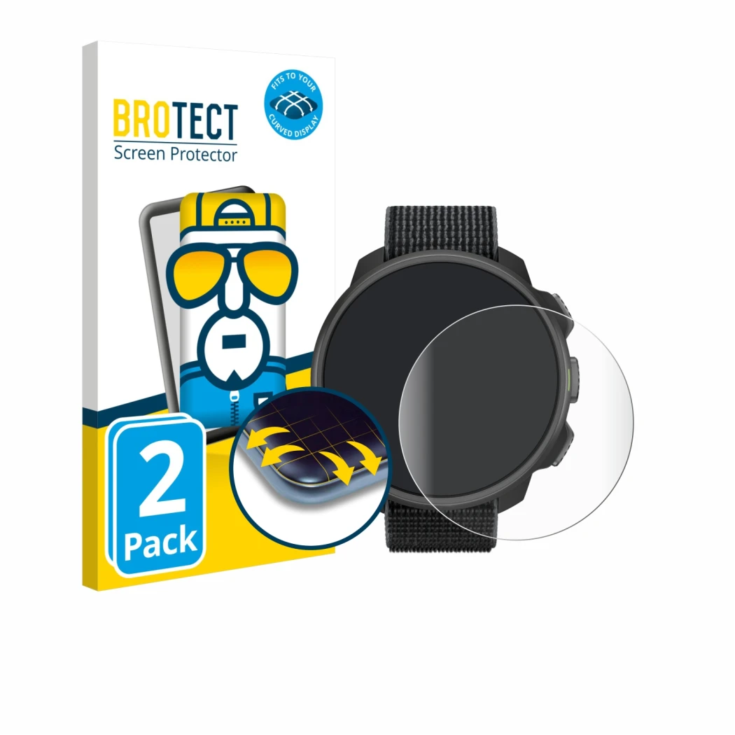 Front side of a product packaging with the brand logo BROTECT. Next to it is the device Suunto Nautic S shown with the corresp