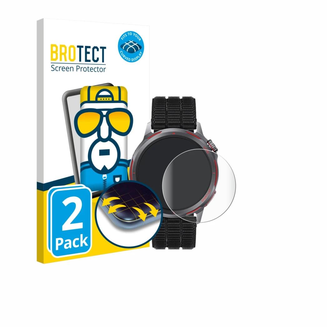 Front side of a product packaging with the brand logo BROTECT. Next to it is the device Huawei Watch GT Runner 2 shown with th