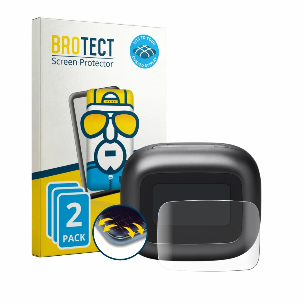 Front side of a product packaging with the brand logo BROTECT. Next to it is the device JBL Live Beam 3 shown with the corresp