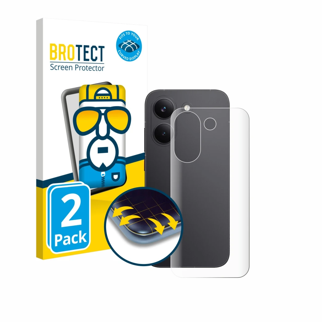 Front side of a product packaging with the brand logo BROTECT. Next to it is the device Xiaomi Poco X8 Pro (Back) shown with t