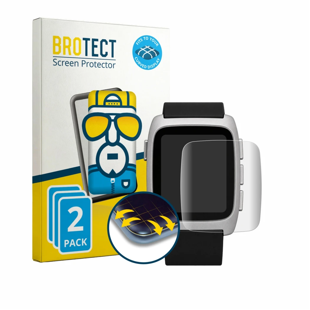 Front side of a product packaging with the brand logo BROTECT. Next to it is the device Pebble Time 2 2026 shown with the corr