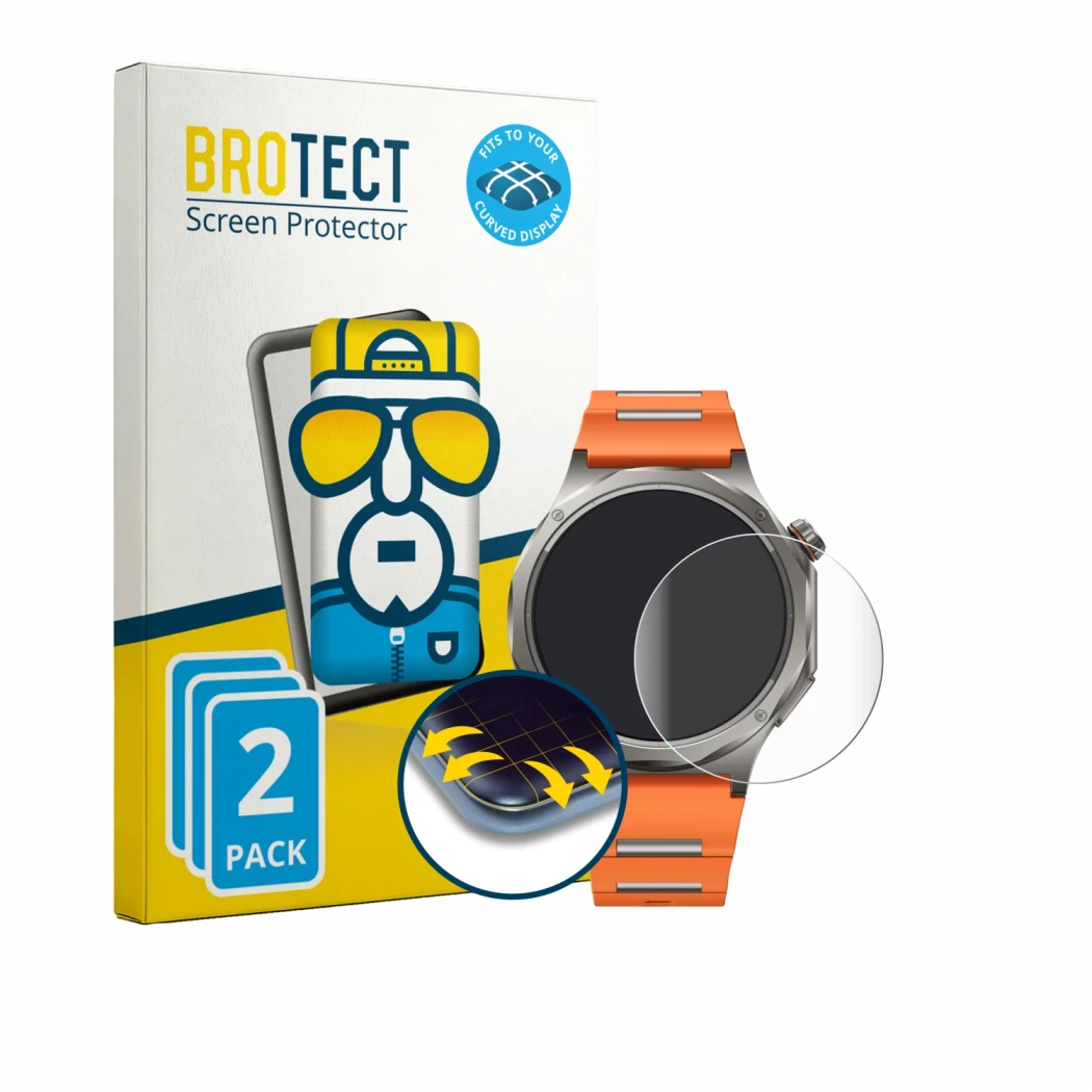 Front side of a product packaging with the brand logo BROTECT. Next to it is the device Oppo Watch X3 shown with the correspon