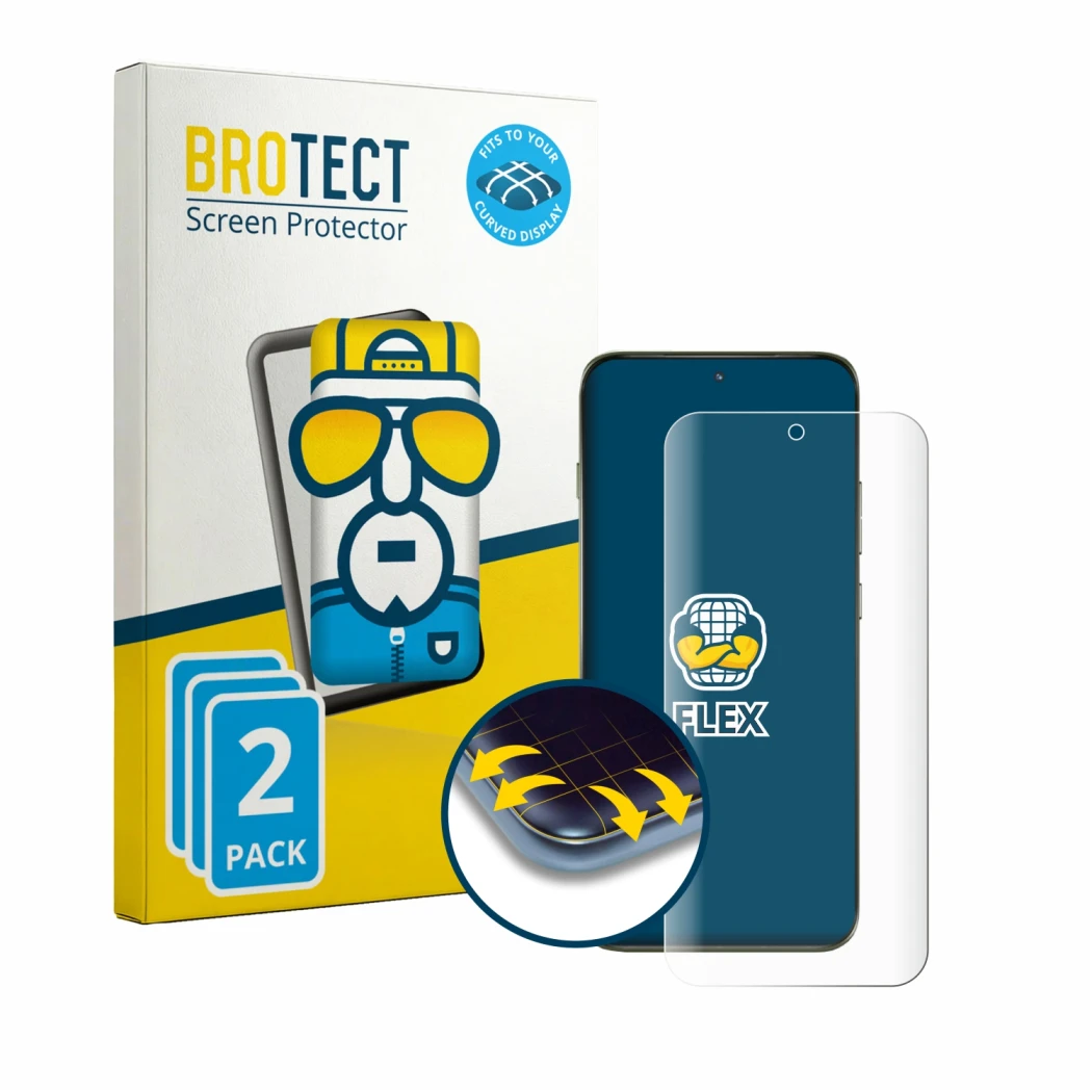 Front side of a product packaging with the brand logo BROTECT. Next to it is the device Motorola Edge 70 Pro shown with the co