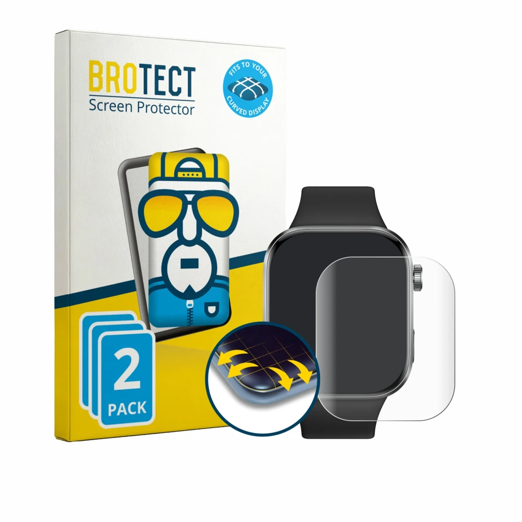 Front side of a product packaging with the brand logo BROTECT. Next to it is the device Xiaomi Redmi Watch 6 shown with the co