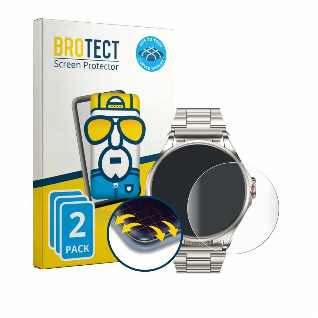 Front side of a product packaging with the brand logo BROTECT. Next to it is the device Huawei Watch Buds 2 shown with the cor