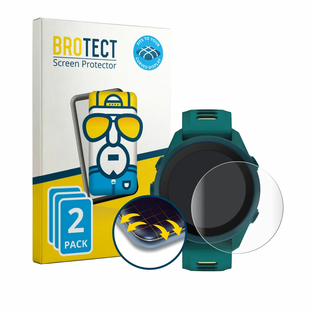 Front side of a product packaging with the brand logo BROTECT. Next to it is the device Garmin Forerunner 170 Music shown with