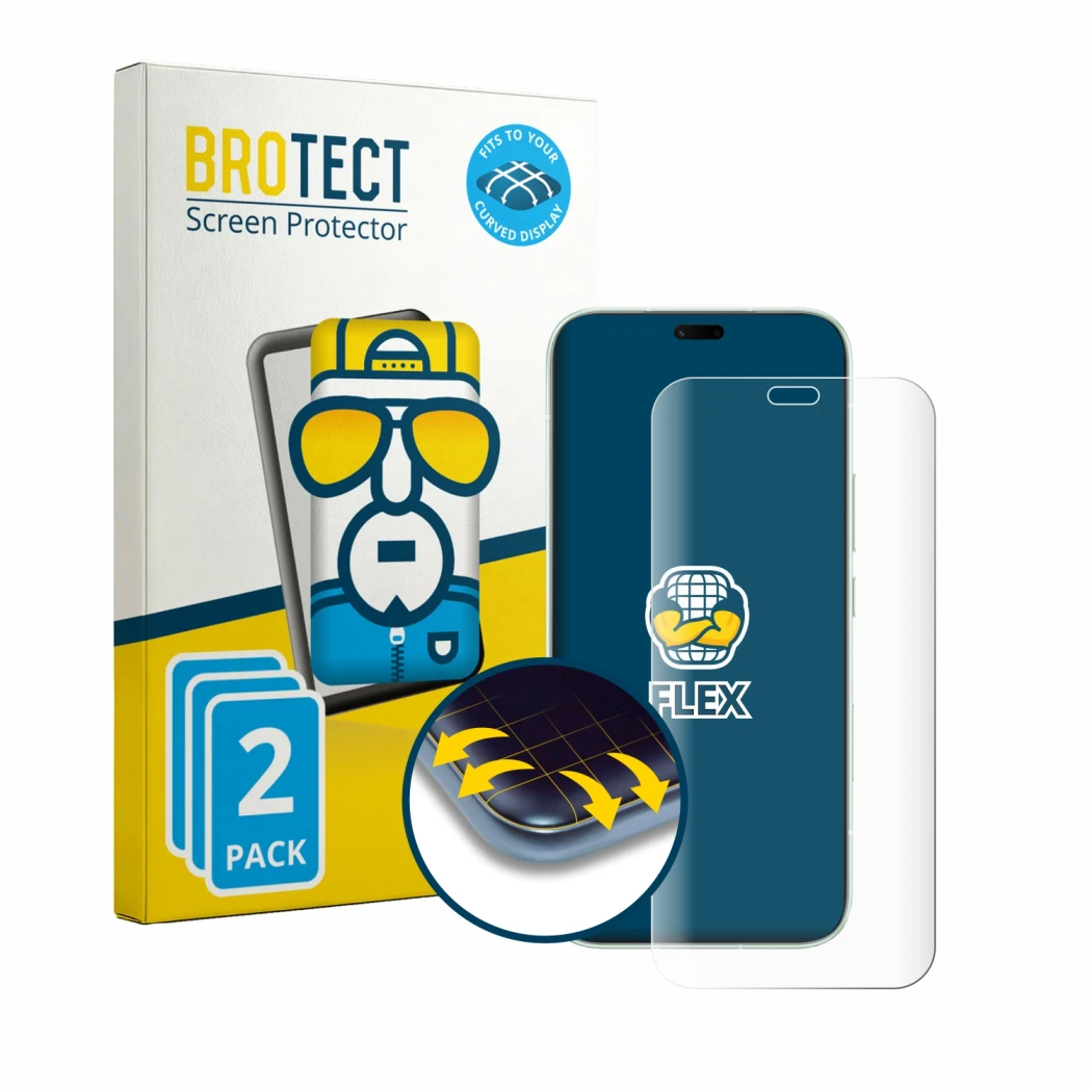 Front side of a product packaging with the brand logo BROTECT. Next to it is the device Honor 600e shown with the correspondin