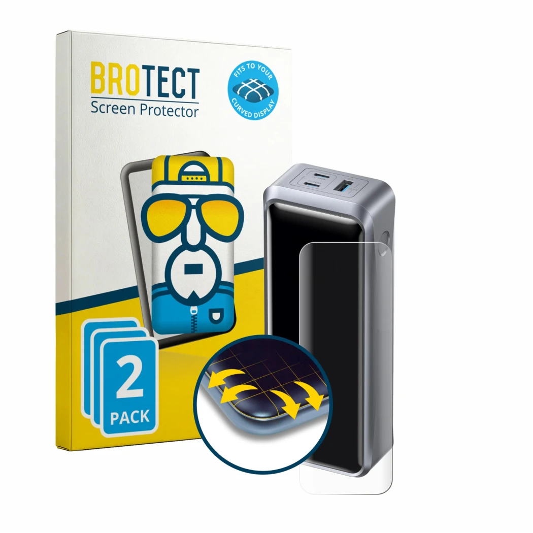 Front side of a product packaging with the brand logo BROTECT. Next to it is the device Anker Prime A110A 300W shown with the