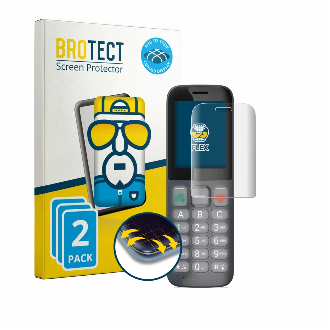 Front side of a product packaging with the brand logo BROTECT. Next to it is the device Gigaset COMFORT 600 shown with the cor
