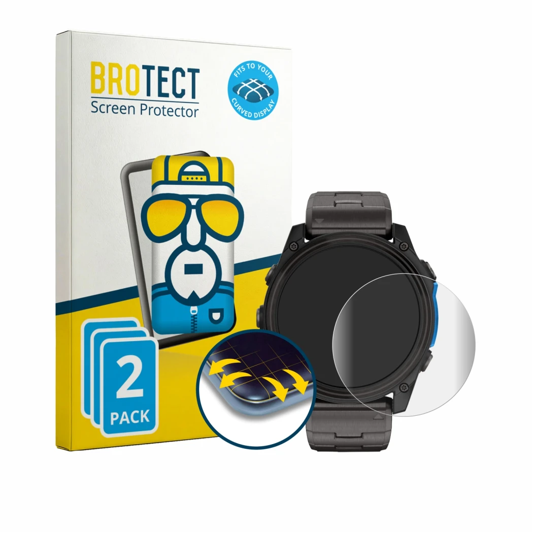 Front side of a product packaging with the brand logo BROTECT. Next to it is the device Garmin D2 Mach 2 (51 mm) shown with th