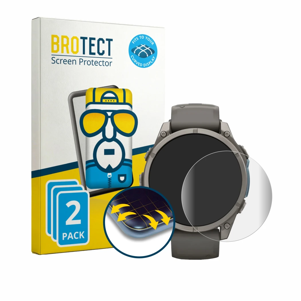 Front side of a product packaging with the brand logo BROTECT. Next to it is the device Garmin Fenix 9 (47 mm) shown with the 