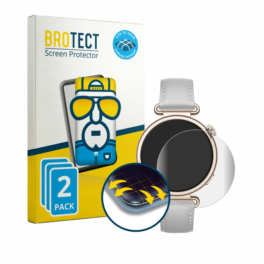 Front side of a product packaging with the brand logo BROTECT. Next to it is the device Huawei Watch GT 7 (41 mm) shown with t