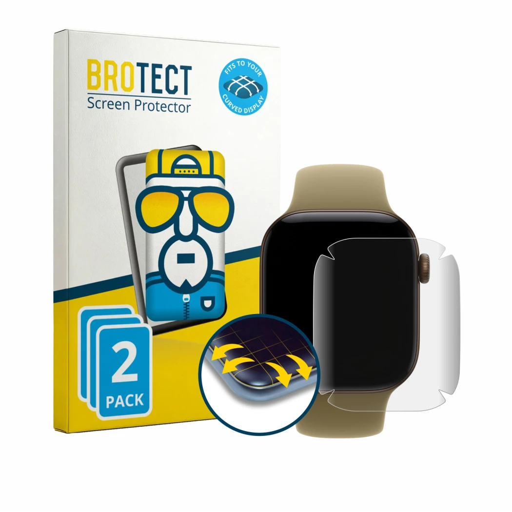 Front side of a product packaging with the brand logo BROTECT. Next to it is the device Apple Watch Series 12 (42 mm) shown wi