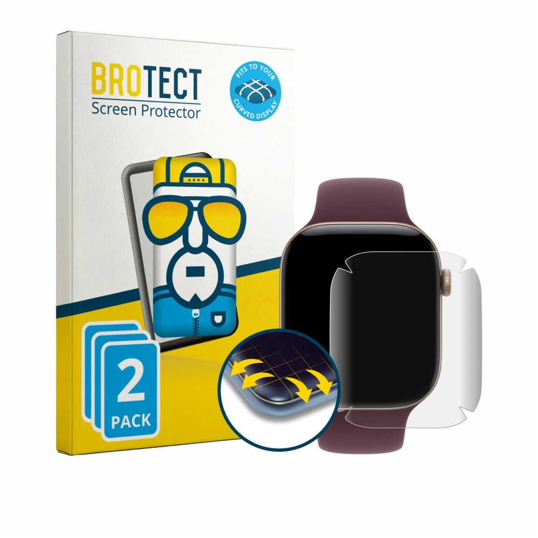 Front side of a product packaging with the brand logo BROTECT. Next to it is the device Apple Watch Series 12 (46 mm) shown wi