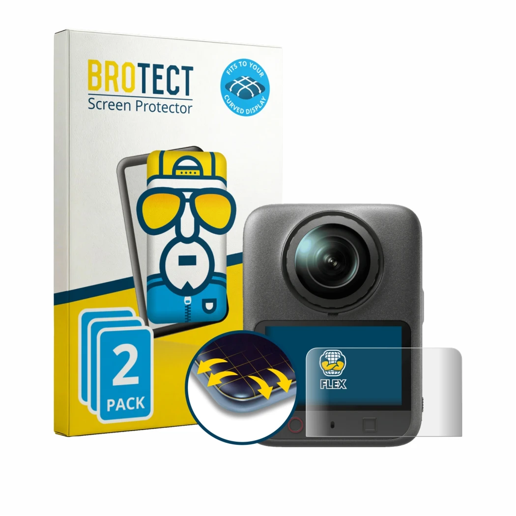 Front side of a product packaging with the brand logo BROTECT. Next to it is the device DJI Osmo 360 II shown with the corresp