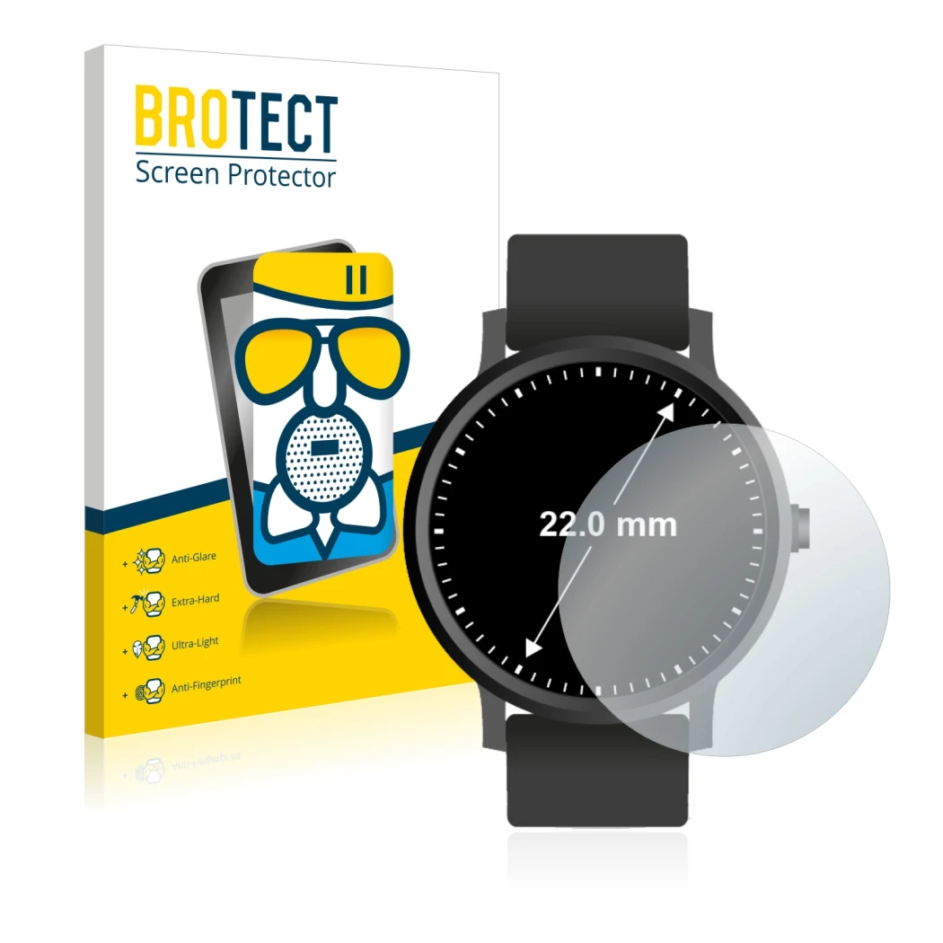 Front side of a product packaging with the brand logo BROTECT. Next to it is the device Watches (Circular, ø: 22 mm) shown wit