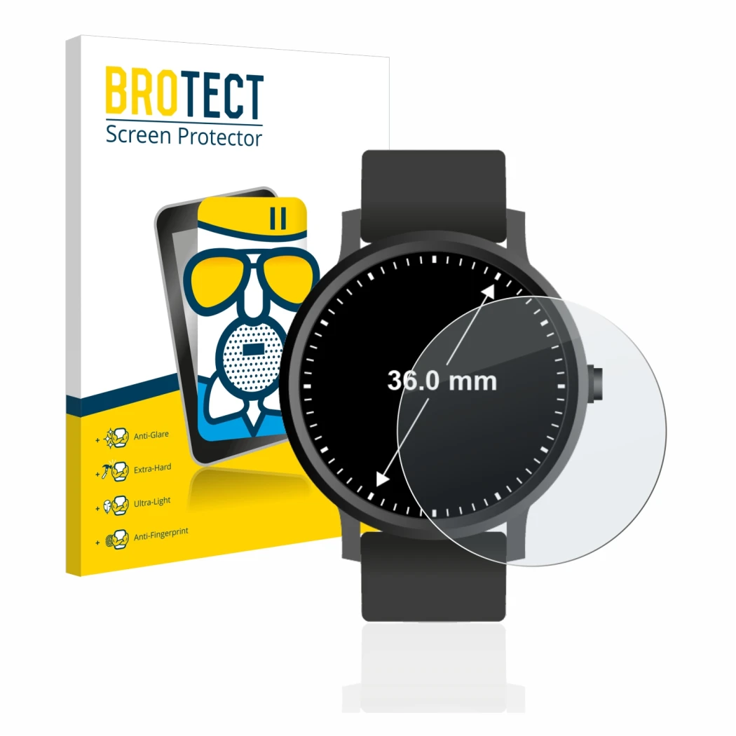 Front side of a product packaging with the brand logo BROTECT. Next to it is the device Watches (Circular, ø: 36 mm) shown wit