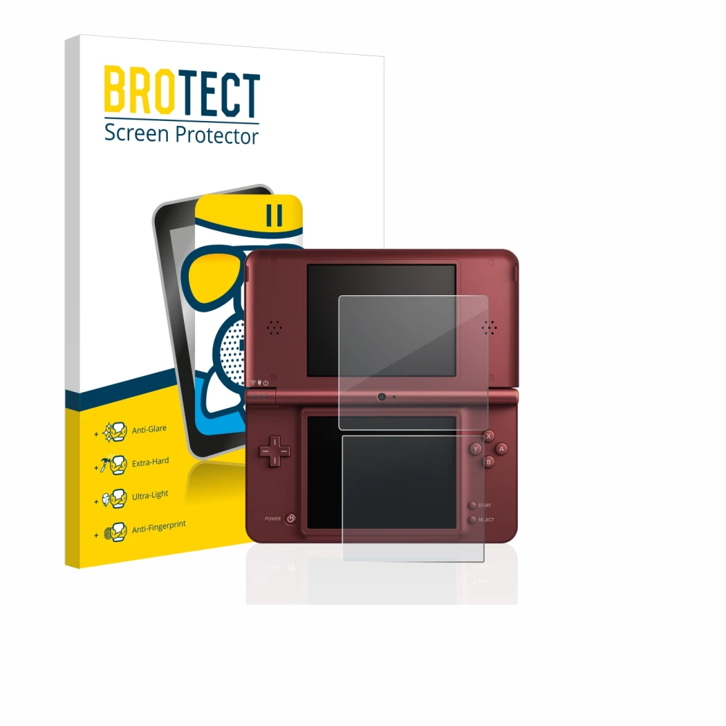 Front side of a product packaging with the brand logo BROTECT. Next to it is the device Nintendo DSi XL shown with the corresp