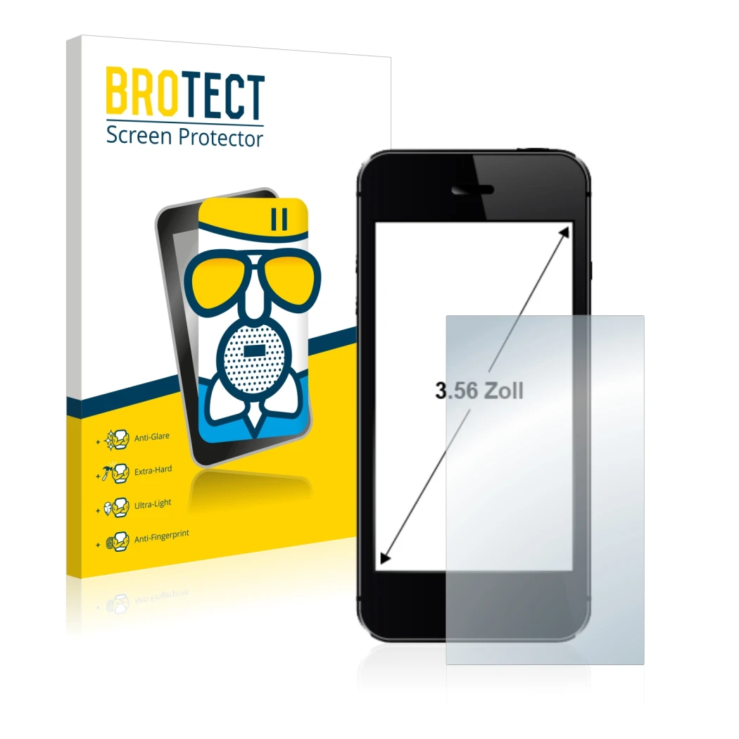 Front side of a product packaging with the brand logo BROTECT. Next to it is the device shown with the corresponding screen pr