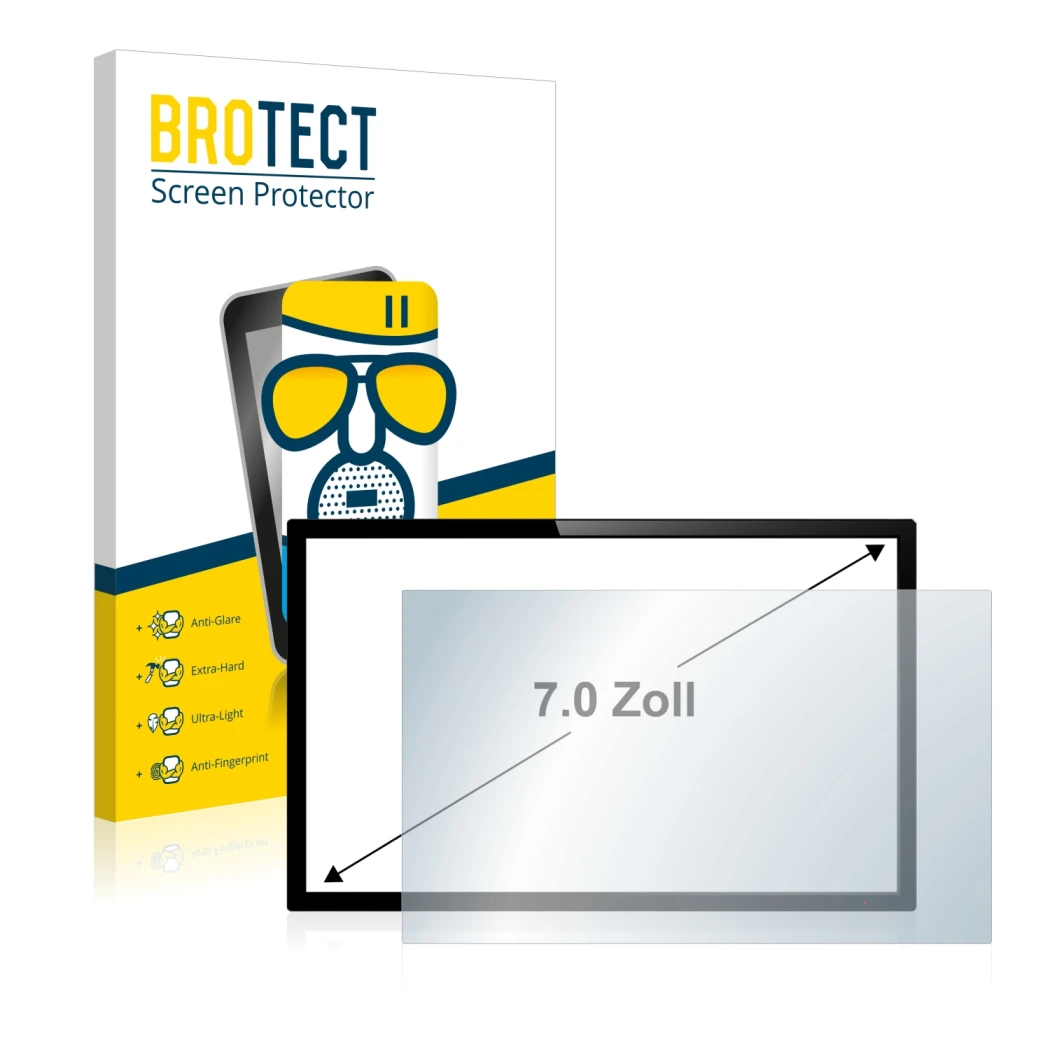 Front side of a product packaging with the brand logo BROTECT. Next to it is the device shown with the corresponding screen pr