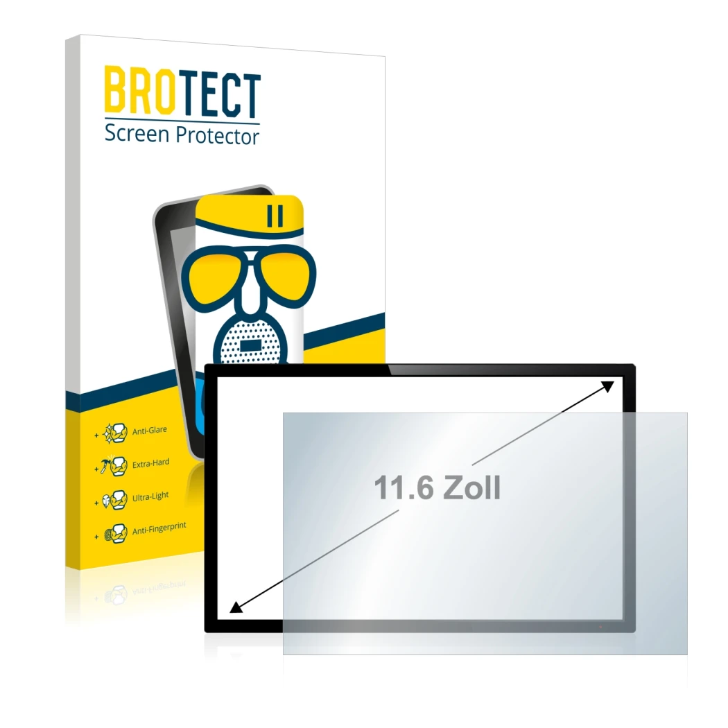 Front side of a product packaging with the brand logo BROTECT. Next to it is the device shown with the corresponding screen pr