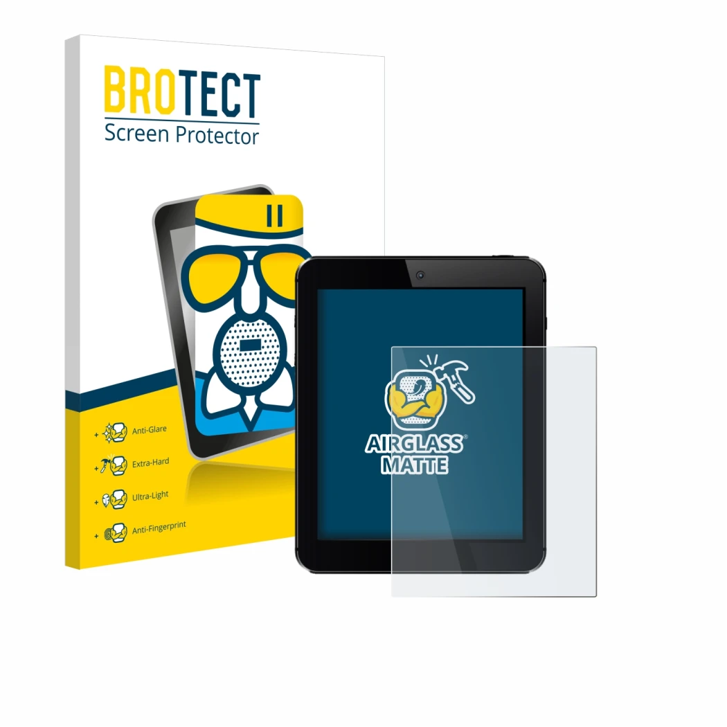 Front side of a product packaging with the brand logo BROTECT. Next to it is the device shown with the corresponding screen pr