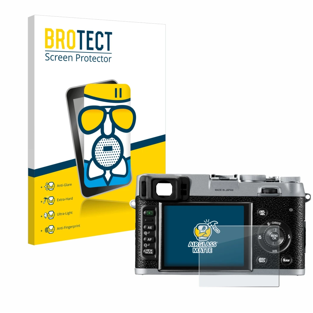 Front side of a product packaging with the brand logo BROTECT. Next to it is the device Fujifilm FinePix X100 shown with the c