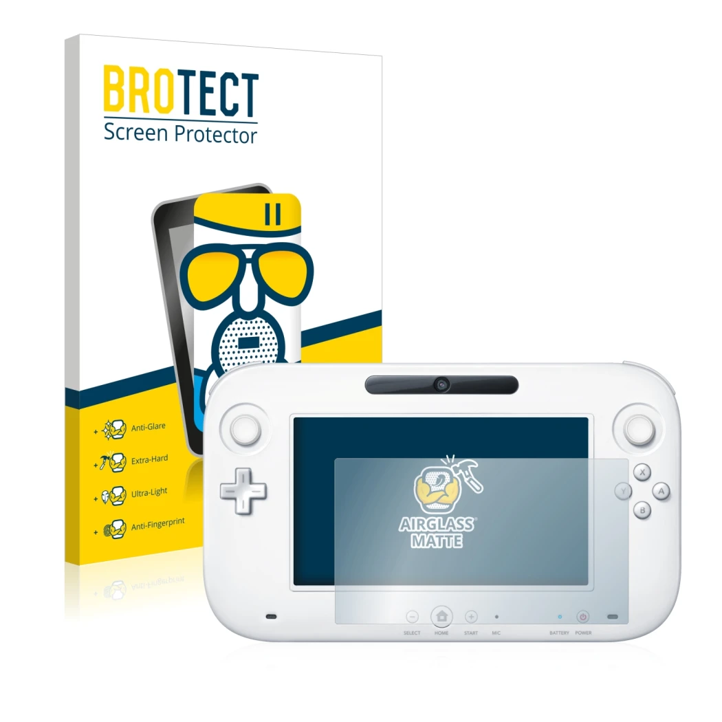 Front side of a product packaging with the brand logo BROTECT. Next to it is the device Nintendo Wii U GamePad (Controller) sh