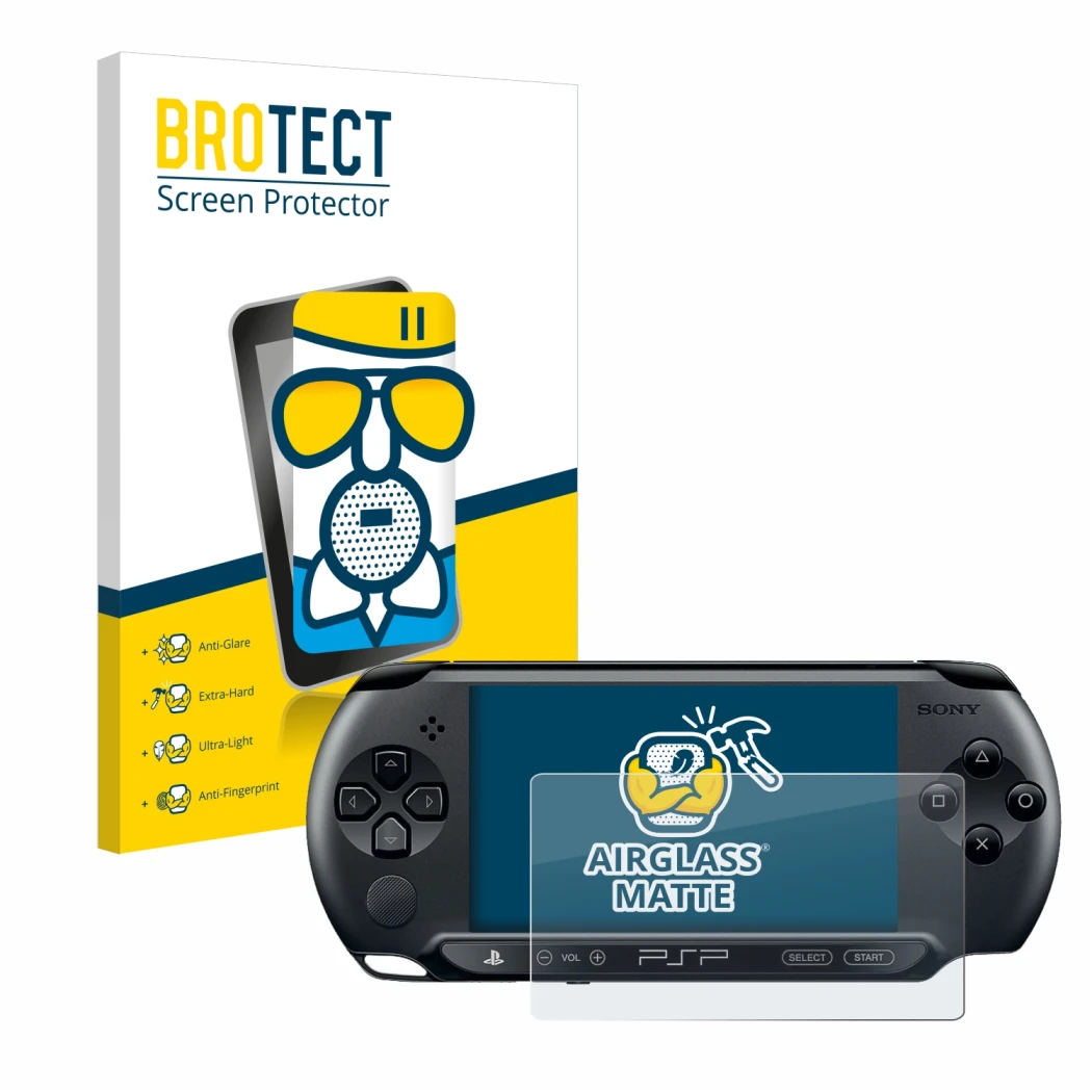 Front side of a product packaging with the brand logo BROTECT. Next to it is the device Sony PSP 1004 shown with the correspon