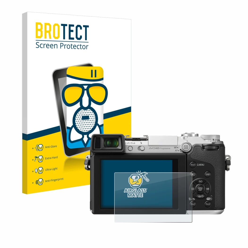 Front side of a product packaging with the brand logo BROTECT. Next to it is the device Panasonic Lumix DMC-GX7 shown with the