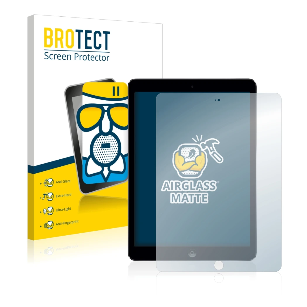 Front side of a product packaging with the brand logo BROTECT. Next to it is the device Apple iPad Air 2013 shown with the cor