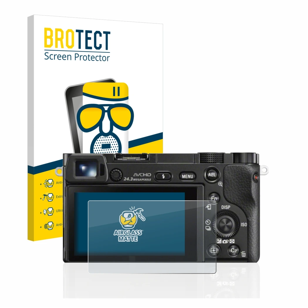 Front side of a product packaging with the brand logo BROTECT. Next to it is the device Sony Alpha 6000 shown with the corresp