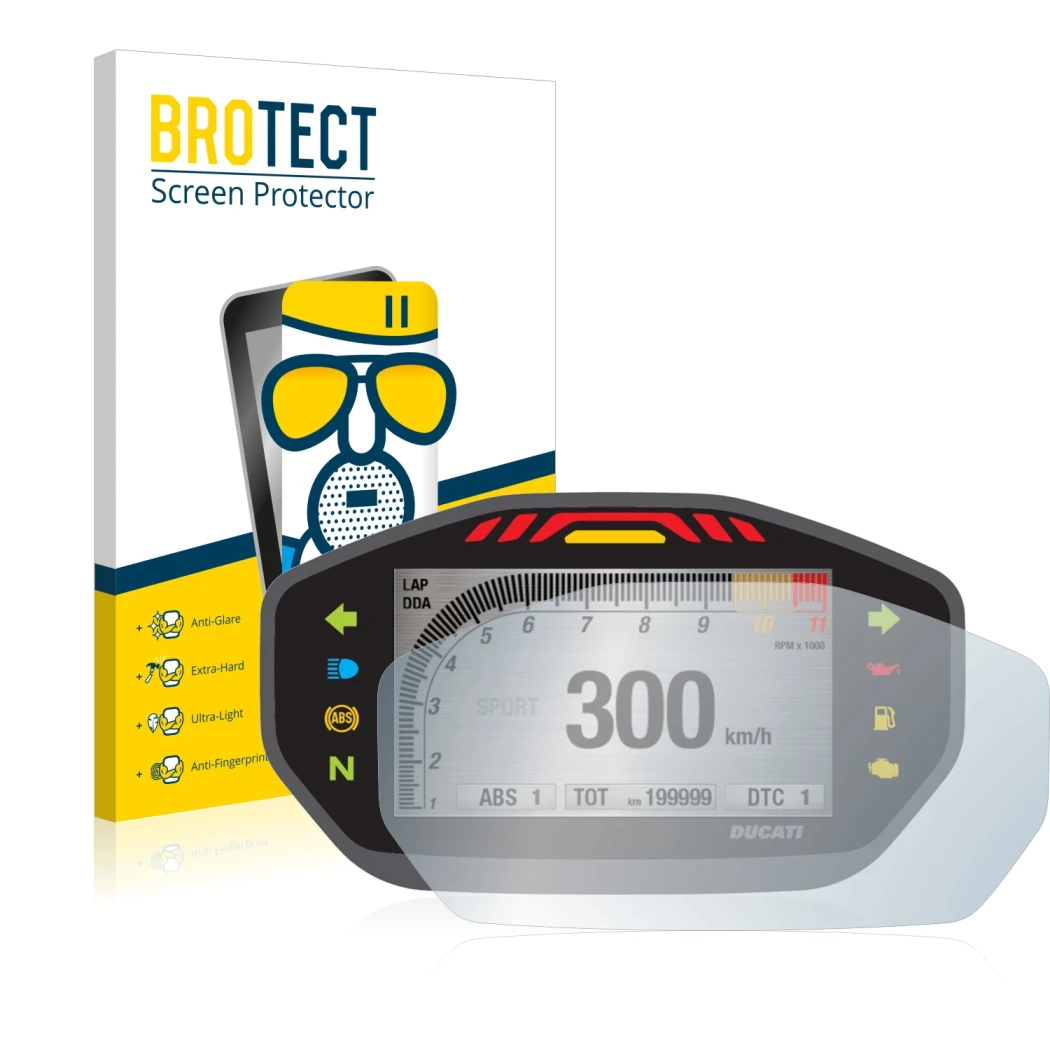 Front side of a product packaging with the brand logo BROTECT. Next to it is the device Ducati Monster 1200 Colour-TFT-Display