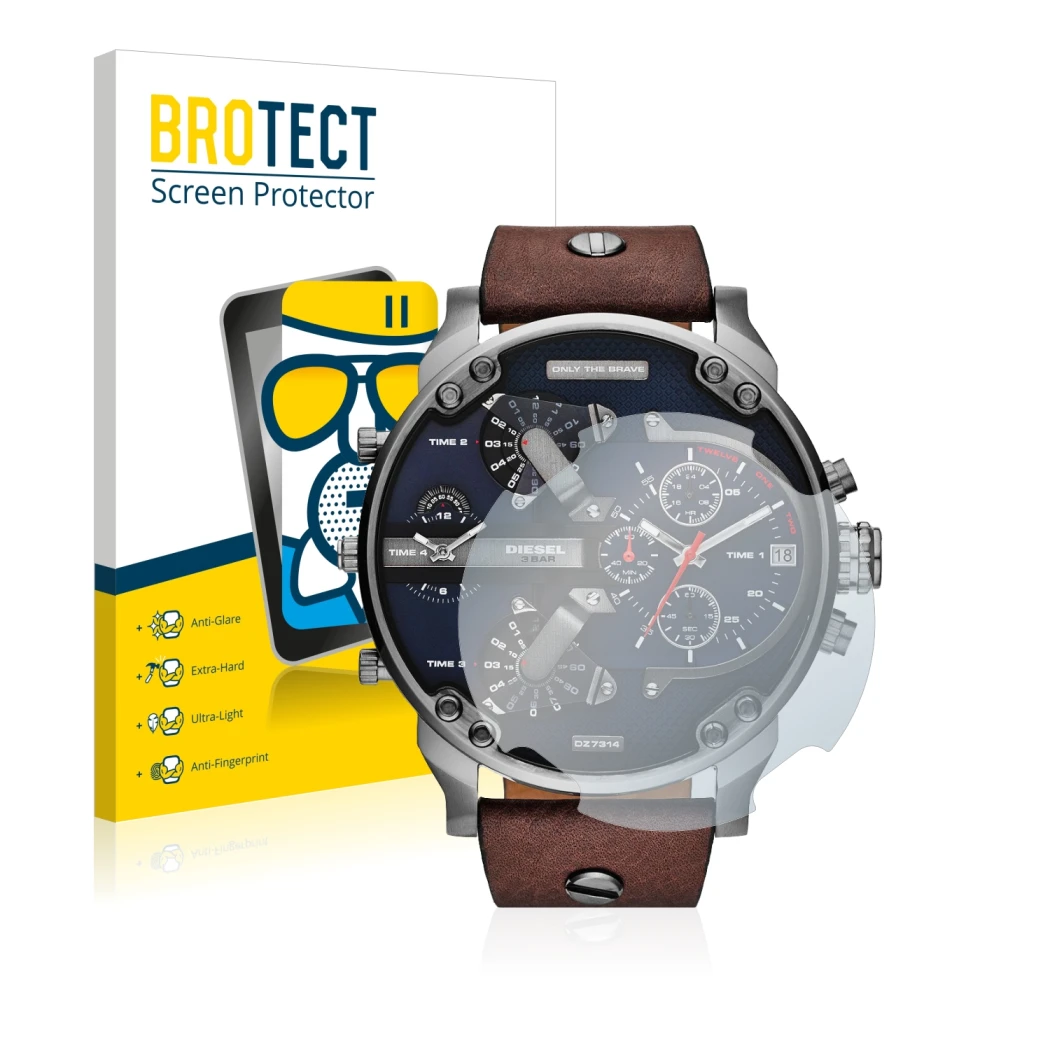 Front side of a product packaging with the brand logo BROTECT. Next to it is the device Diesel DZ7314 Mr. Daddy shown with the